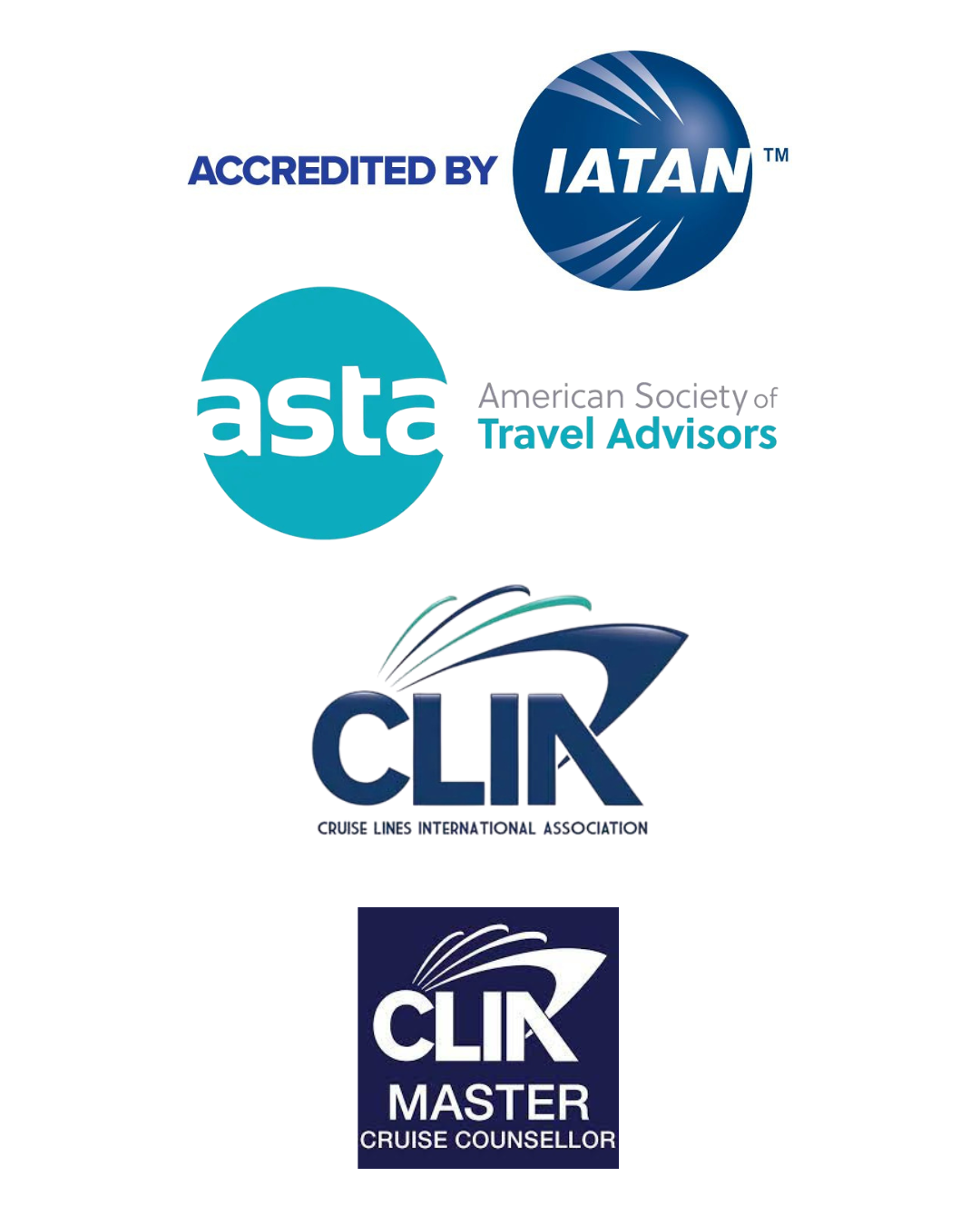 IATAN Accredited, ASTA Member, CLIA, and CLIA Master Cruise Counsellor certifications